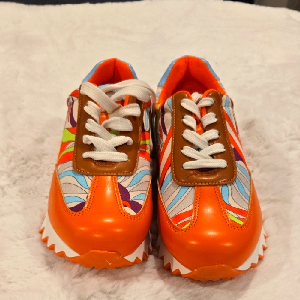 Orange and White Low-Top Sneakers with Textured Sole